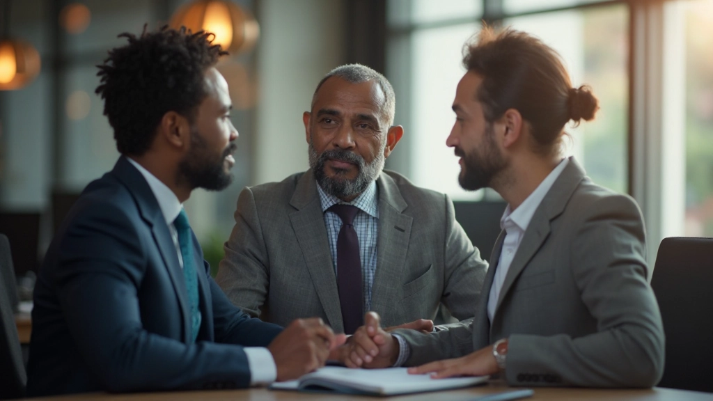 Manager conducting one-on-one performance development conversation with employee in professional office