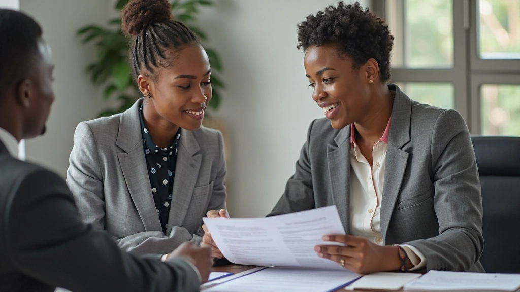 Professional photo of realistic woman aged 32, fully clothed in smart casual attire, discussing benefits package with HR specialist at office meeting, both reviewing document together, professional office setting, natural lighting, blurred background, NO text, NO watermarks